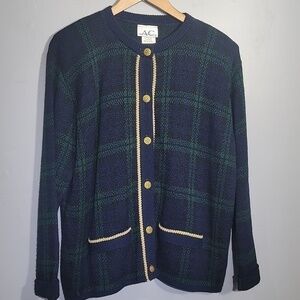VINTAGE 80's American Collection Plaid Navy Green Grandma Core Cardigan Sweater